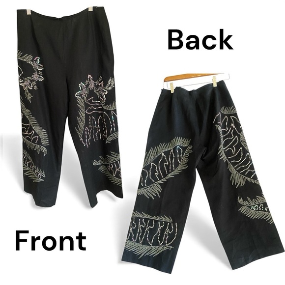 Nikki Valentine Irish Linen Black Sequin Embroidered Wide-Leg Crop Pants Size 10 - Picture 3 of 12